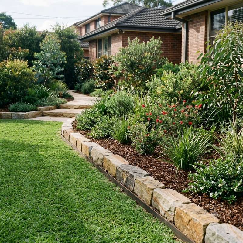Garden edging separating a Sydney lawn from a mulched garden bed
