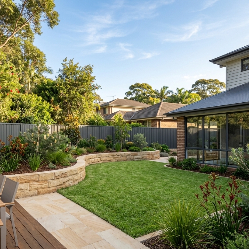 Sydney backyard with lawn, paving, garden beds and retaining wall