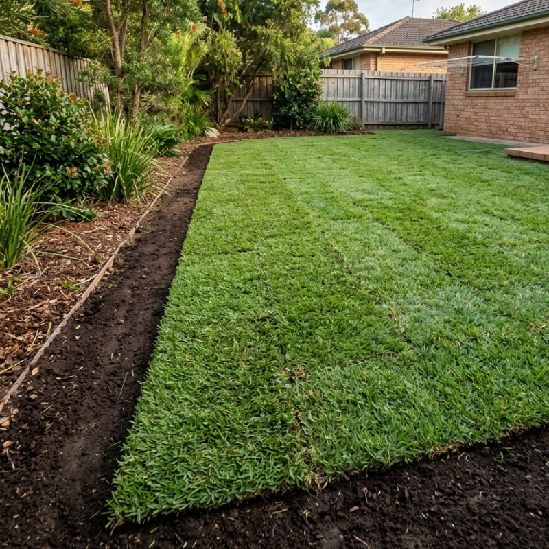 Freshly laid turf on prepared soil in a Sydney backyard