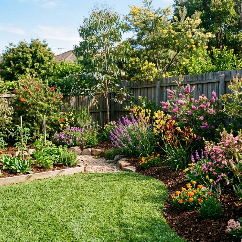 Spring garden with healthy lawn, colourful flowers and vegetable patch in Sydney backyard