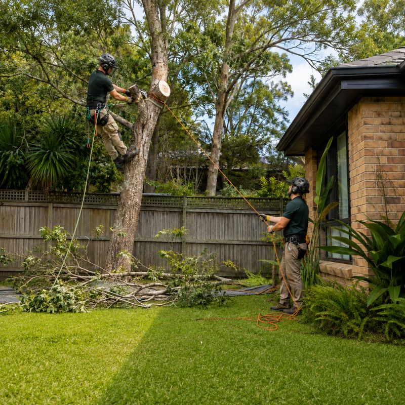 A crew safely removing a tree in a Sydney yard