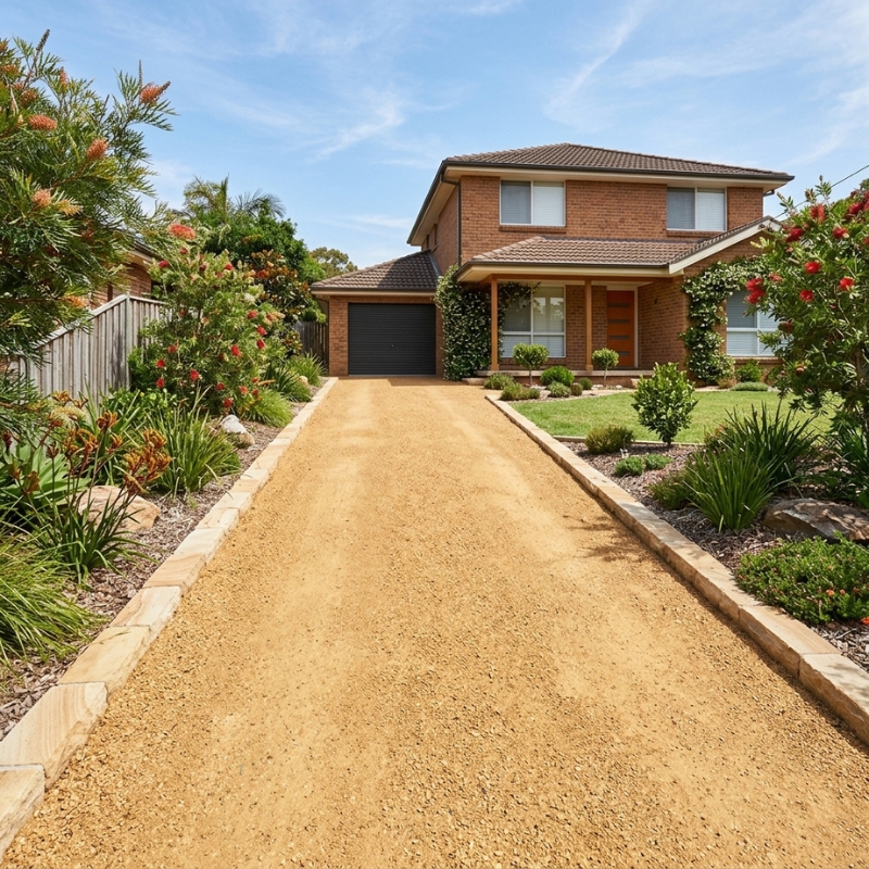 Crushed sandstone driveway with edging at a Sydney home