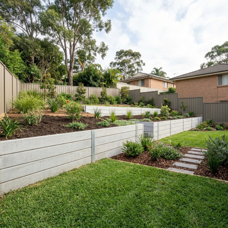 Concrete sleeper retaining wall on a sloping Sydney backyard