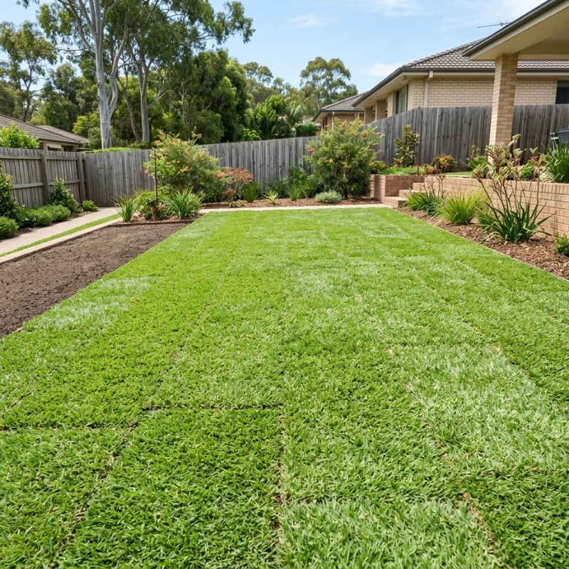 Fresh turf laid on prepared soil in a Sydney backyard