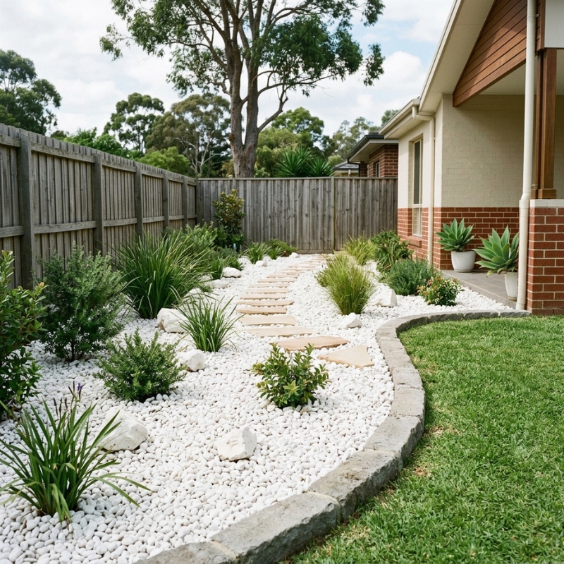 White pebble ground cover in a low-maintenance Sydney garden bed