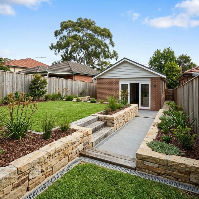 Sloping backyard with terraced levels, retaining walls, lawn and garden landscaping